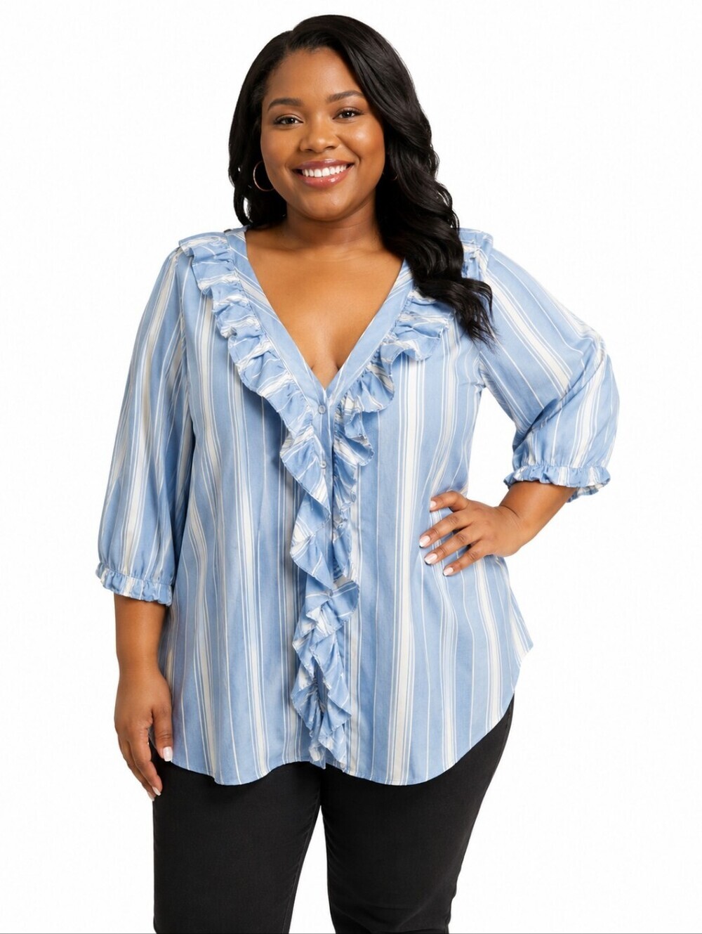 Ashley Stewart Blue and White Striped Ruffle V-Neck Blouse Women's Size 22